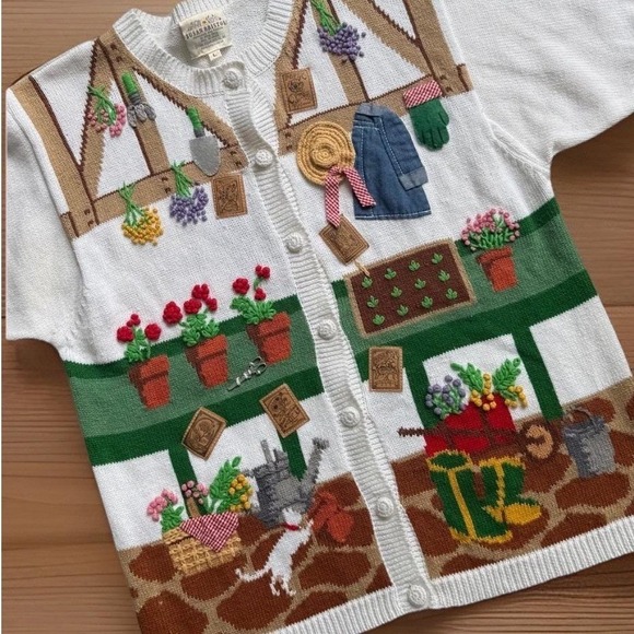 Susan Bristol Sweaters - VTG Susan Bristol Gardening Sweater Womens L 90s Grandmacore Embroidered Cozy